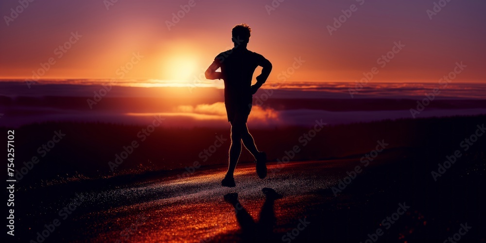 A man runs in nature outside the city during sunset. A man runs in nature outside the city during sunset.