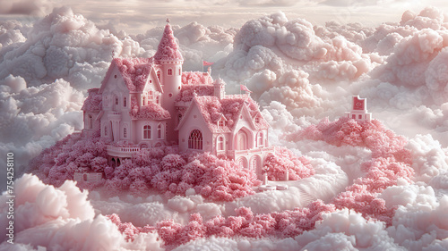 Enchanting pink castle nestled among fluffy clouds in a dreamy sky