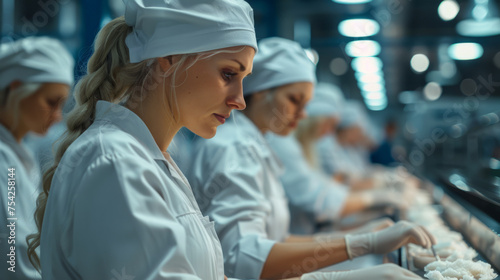 A row of focused chefs in white uniforms and hats diligently preparing food in a professional kitchen setting, showcasing teamwork and culinary expertise.