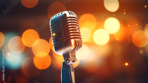 Retro microphone on blurred colorful lights background