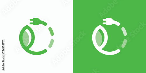 Green leaf and electric cable outline vector logo design in modern, simple, clean and abstract style.