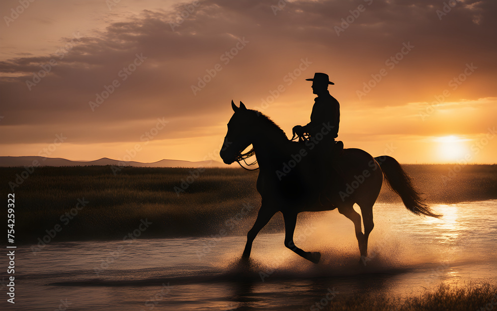 Silhouette of a man riding a horse in at sunset