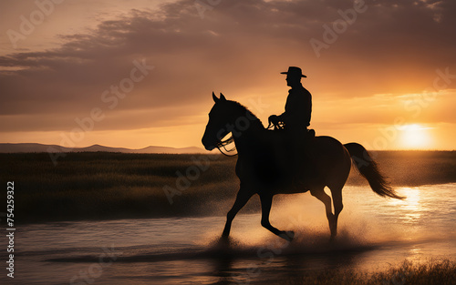 Silhouette of a man riding a horse in at sunset