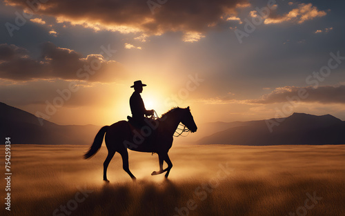 Silhouette of a man riding a horse in at sunset © julien.habis