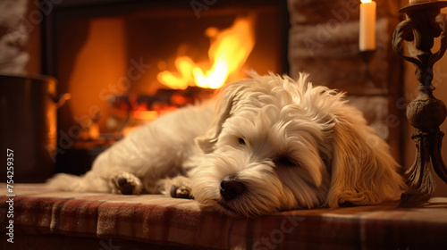 Dog resting by fireplace in cozy home. .