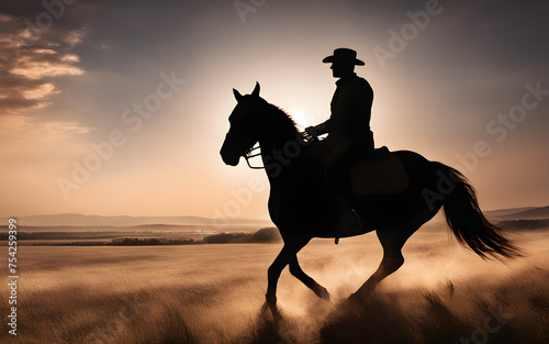 Silhouette of a man riding a horse in at sunset © julien.habis