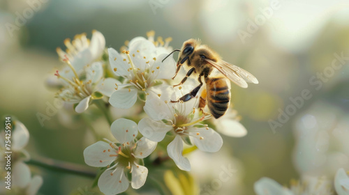 Close-up image of a honeybee gathering nectar from delicate white flowers, with a softly blurred green background highlighting the intricate details of the bee and the blossoms.