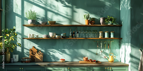 A kitchen with blue walls and wooden shelves filled with objects Stylish room interior with beautiful plants in differents hipster and design photo