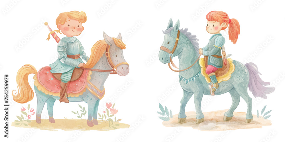 Obraz premium cute knight riding horse watercolour vector illustration 