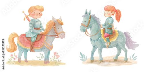 cute knight riding horse watercolour vector illustration 