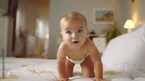 A baby in a diaper crawling on a bed. Suitable for family and childcare concepts photo