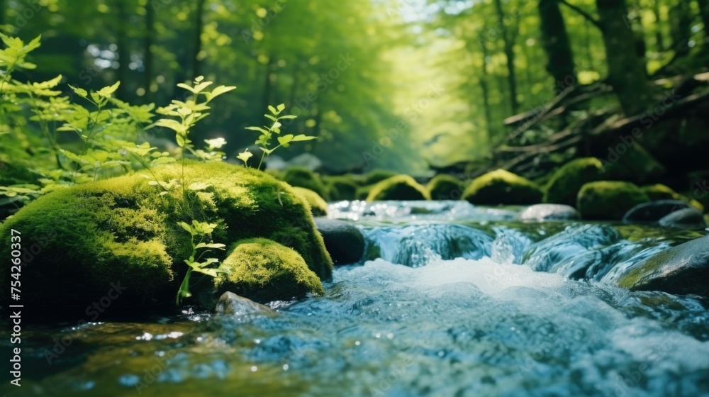 A tranquil stream flowing through a vibrant forest. Suitable for nature and outdoor themes A tranquil stream flowing through a vibrant forest. Suitable for nature and outdoor themes