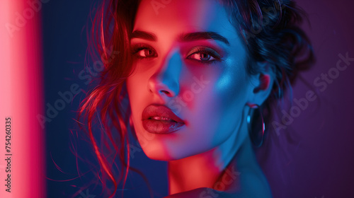Beauty portrait of a model in neon light with colorful makeup