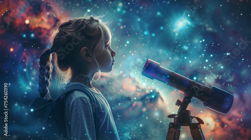 A young girl gazes at a star-filled cosmos through a telescope, surrounded by a colorful nebula and the mysteries of the universe.