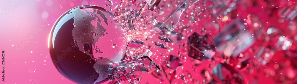A detailed 3D scene showing a globe shattering and exploding - obrazy, fototapety, plakaty 