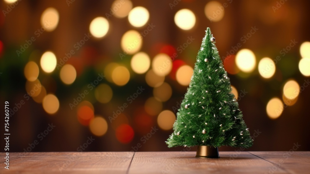 A festive Christmas tree on a rustic wooden table. Perfect for holiday decorations