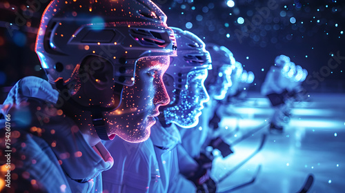 A group of hockey players practicing their skating and stickhandling skills on a virtual ice rink projected by hologram technology. photo