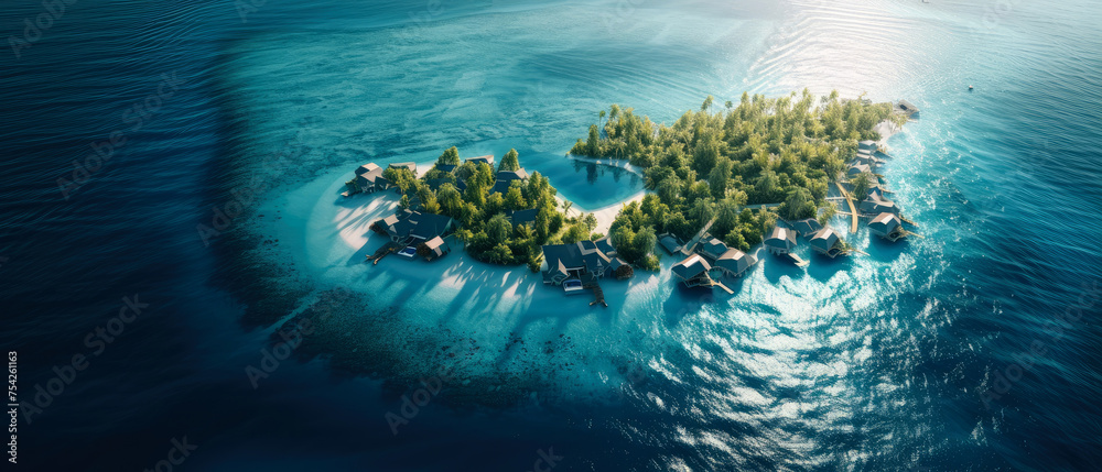 An aerial view on Tropical paradise.Luxury panorama view on Maldives resort on seascape background. Bungalow, villas on beautiful exotic beach on the ocean. Honeymoon. Generative ai - obrazy, fototapety, plakaty 