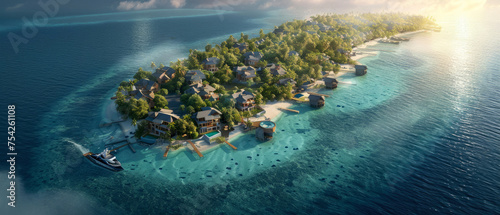 An aerial view on Tropical paradise.Luxury panorama view on Maldives resort on seascape background. Bungalow, villas on beautiful exotic beach on the ocean. Honeymoon. Generative ai photo