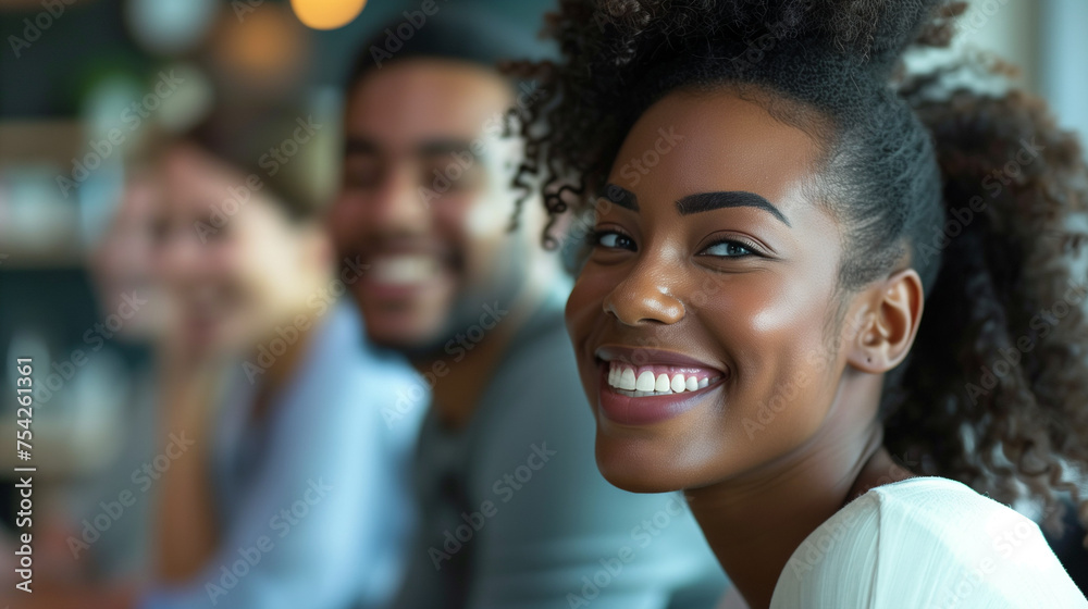 Happy young mixed race african american office worker smiling at her computer working with colleagues in an ethnically diverse team