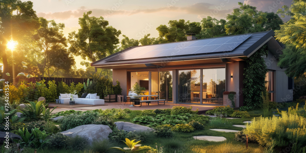 ecofriendly home with solar panels on the roof at sunset or sunrise
