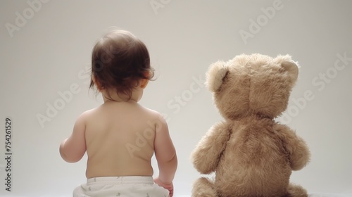 A baby sitting next to a bear. Suitable for children's products advertising