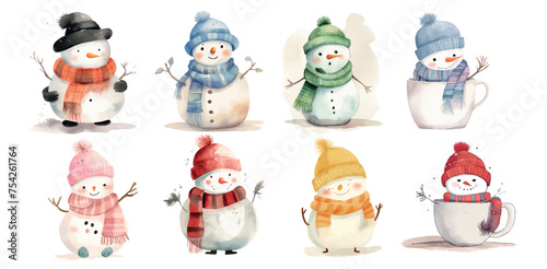 Collection of Adorable Hand-Painted Watercolor Snowmen, Dressed in Colorful Winter Accessories, Perfect for Holiday Decorations