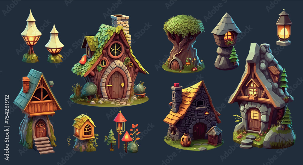 Enchanting Collection of Whimsical Fairy Tale Cottages and Magical Forest Elements, Ideal for Game Design or Themed - obrazy, fototapety, plakaty 