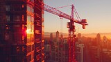 Crane beside high-rises during a fiery sunset