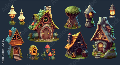 Enchanting Collection of Whimsical Fairy Tale Cottages and Magical Forest Elements, Ideal for Game Design or Themed
