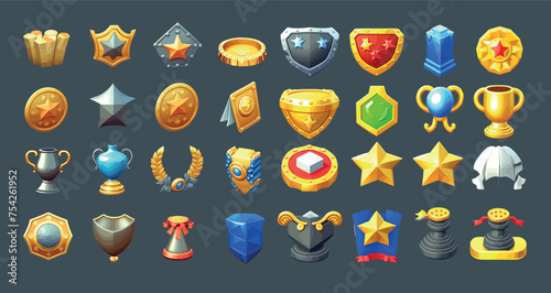 Vibrant Collection of Game Icons: Trophies, Shields, Stars, Coins, Gems, and Victory photo