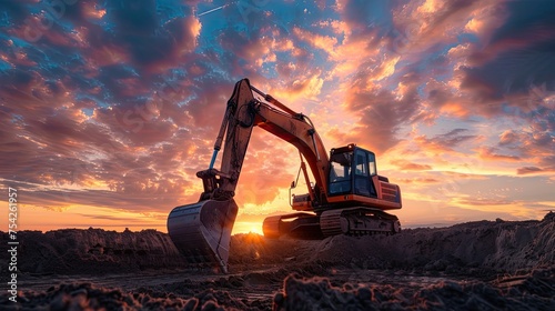 Excavator silhouette against a vivid sunset photo