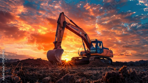 Sunset silhouette of an excavator in a field