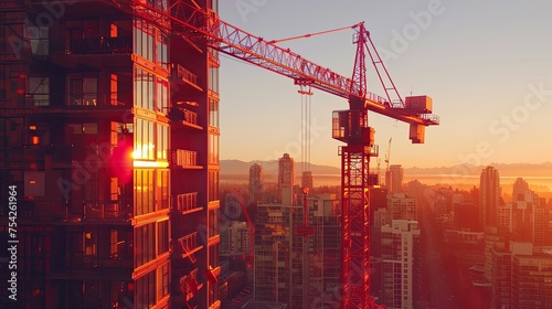 Crane beside high-rises during a fiery sunset