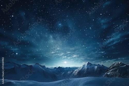 A beautiful night sky full of stars above a snowy mountain range. Ideal for nature and landscape backgrounds