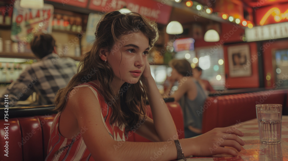 Young woman seated at a diner, looking away from the camera with a pensive expression. The setting is a classic American diner with red booths and vibrant decor.