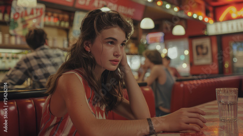 Young woman seated at a diner, looking away from the camera with a pensive expression. The setting is a classic American diner with red booths and vibrant decor.