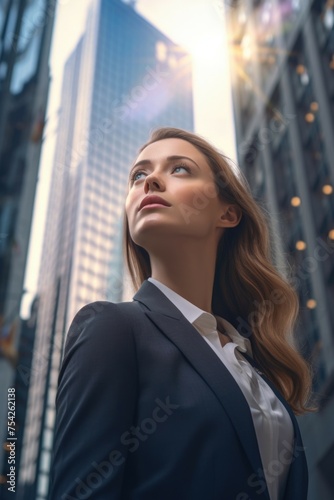 A woman standing in front of a tall building. Perfect for business concepts
