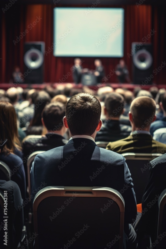 A group of people sitting in chairs in front of a screen. Suitable for business presentations or educational seminars A group of people sitting in chairs in front of a screen. Suitable for business presentations or educational seminars