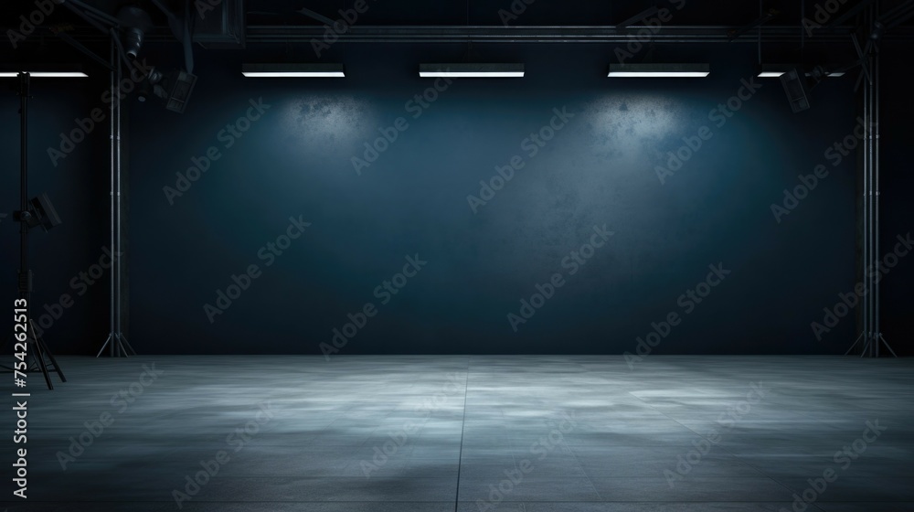A dark room illuminated by three spotlights. Ideal for use in theater or concert promotions