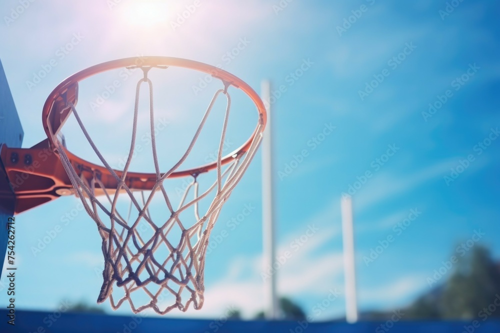 A basketball hoop with the sun shining through it. Perfect for sports and outdoor activities