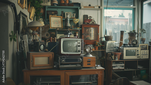 Vintage Electronics Collection in Retro Styled Room . A nostalgic collection of vintage electronics with retro television sets, radios, and various gadgets in an old-fashioned room setting. 