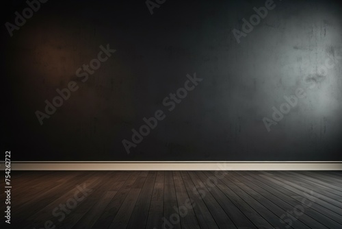 A simple  minimalist empty room with a black wall and wooden floor. Ideal for interior design concepts