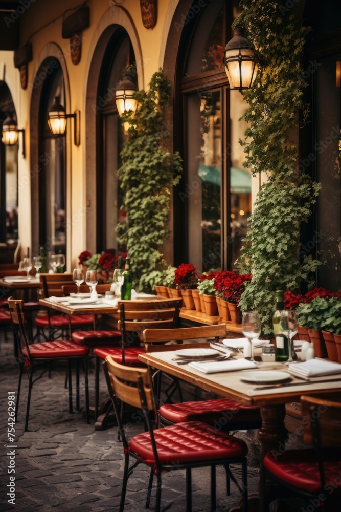 Fototapeta premium A vibrant outdoor restaurant setup. Suitable for restaurant promotions