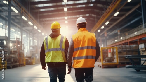 Two men in safety vests walking in a warehouse. Suitable for industrial concepts