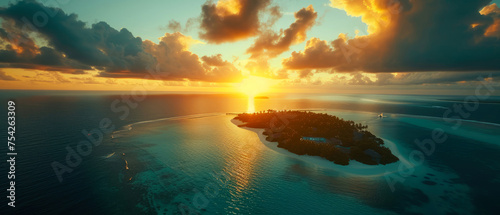 An aerial view on Tropical paradise.Luxury panorama view on Maldives resort on seascape background. Bungalow, villas on beautiful exotic beach on the ocean. Honeymoon. Generative ai