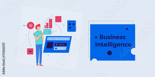 Business intelligence software, business people, data analytics technology for business growth, business software to overcome business challenges vector illustration