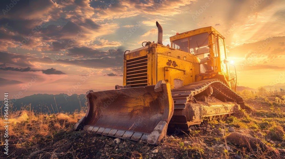 Old bulldozer in a rugged mountainous terrain Old bulldozer in a rugged mountainous terrain