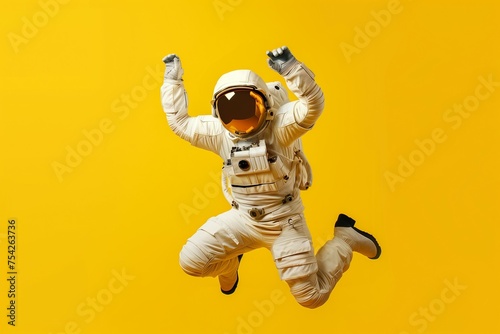 An astronaut is jumping with fists raised high as if celebrating, against a vibrant yellow background.