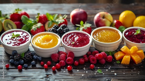 Assorted fresh fruit purees in small bowls surrounded by fresh berries and mint